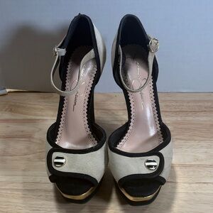 Jessica Simpson Two-Tone Ankle Strap Platform Heels in Beige and Black